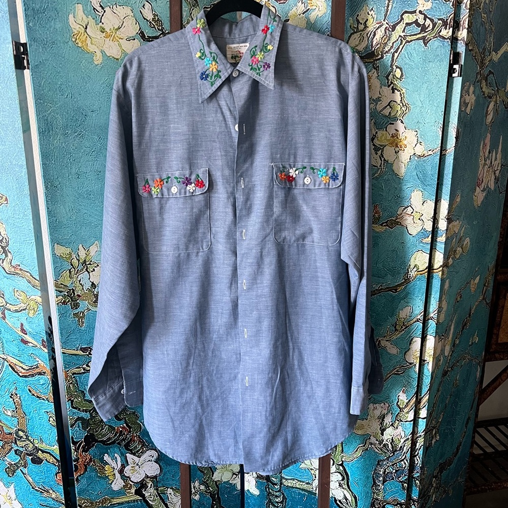 VTG 70s JC Penney No Iron Big Mac Size Floral Embroidered Cambray